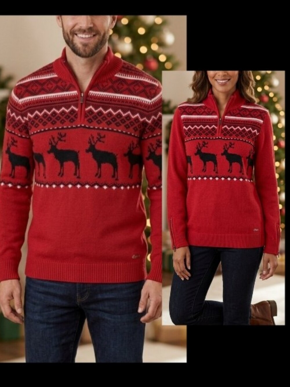 Chaps Fair Isle Red Quarter-Zip Reindeer Pattern Knit Pullover Sweater